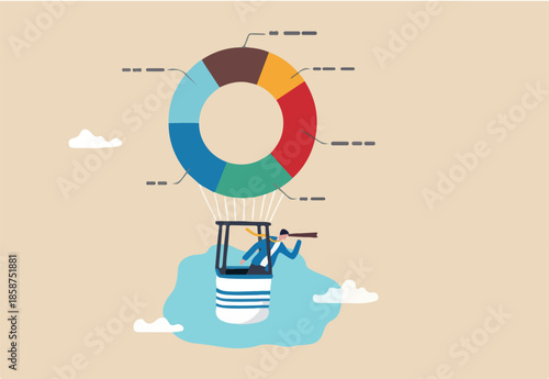 Business pie chart forecast, prediction or plan, investment asset allocation, marketing diagram or statistics data, research concept, businessman look through telescope on pie chart diagram balloon.