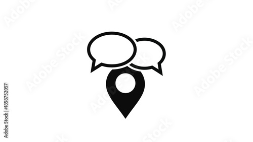 A black map pin with two overlapping speech bubbles above, signifying location-based communication