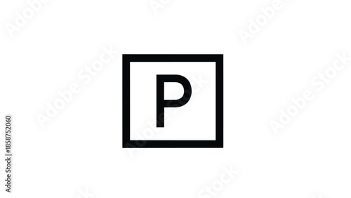 A bold black capital letter P is centrally placed within a simple black square outline on a white background