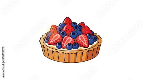 A colorful cartoon illustration of a delicious fruit tart overflowing with fresh strawberries and blueberries