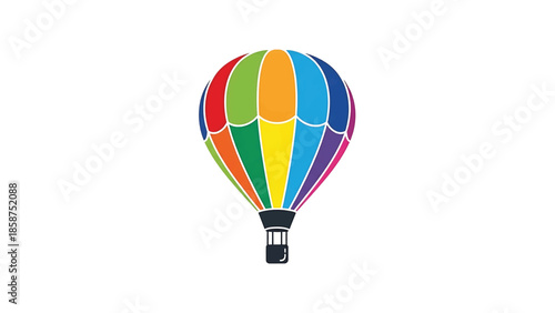 A colorful hot air balloon with rainbow stripes and a dark basket, isolated on a white background