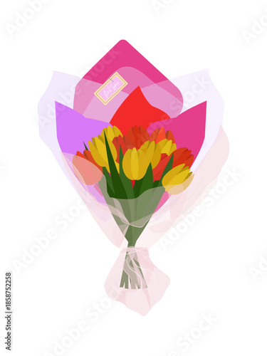 Bouquets of Tulips. Bouquet of spring fresh flowers wrapped in transparent paper. Holiday floral decor. Spring bouquet. Perfect for Women's Day, Mother's Day, weddings, and spring celebrations. Vector