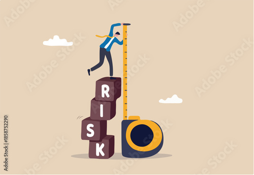 Risk assessment, analyze potential danger level, measure money loss acceptable for investing, control or limit loss concept, businessman investor stand on stack of risk boxes measure his assessment.