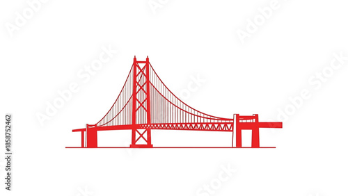 A striking red silhouette vector illustration of a suspension bridge spanning across a clean white background