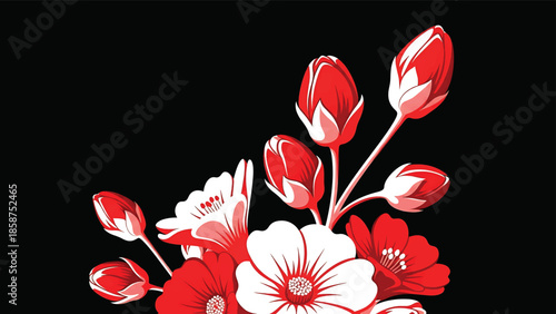 A striking arrangement of stylized red and white flowers and buds on a contrasting black background