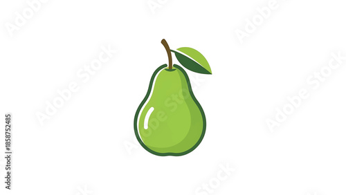 A vibrant green pear with a brown stem and a small green leaf, isolated on a clean white background