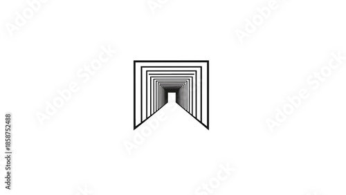 Abstract graphic featuring black concentric rectangular frames creating an illusion of an infinitely receding tunnel on white