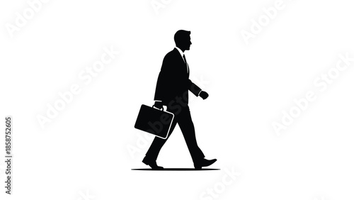 Black silhouette of a professional man in a suit walking, carrying a briefcase on a white background
