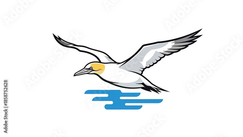 Cartoon style seabird with white body, yellow face, and black wingtips flying over abstract blue water shapes
