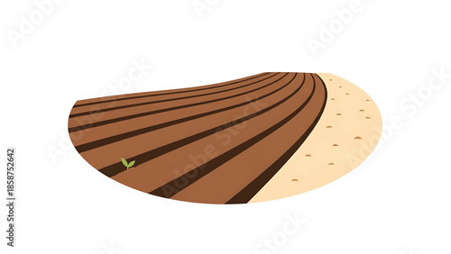 Cartoon field with tilled soil rows, a green sprout, and a sandy path edge on a white background