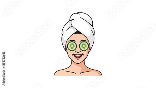 Cartoon woman with head towel and cucumber slices on eyes, smiling, representing beauty and relaxation