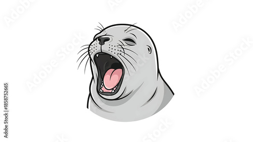 Cartoon-style illustration of a gray seal's head yawning widely, revealing a pink tongue, on white background