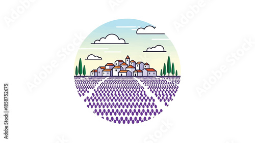 Charming circular illustration of a village nestled among cypress trees and vast lavender fields under a cloudy sky