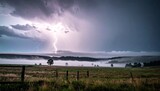 rain and fog merging under distant lightning, long exposure, subdued contrast