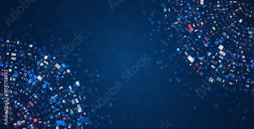 Digital data explosion background with glowing particles and pixel blocks in circular pattern, abstract technology and big data visualization concept