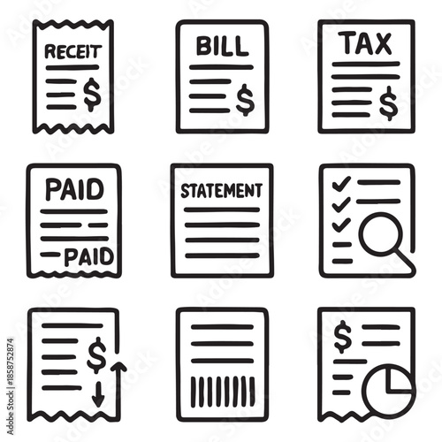 Invoice Icon Set – Receipt, Bill, Tax, Accounting, Payment and Financial Transaction Icons