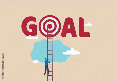 Ladder to reach goal, target and achievement, challenge to find success, business objective or purpose concept, smart businessman climb up ladder high into cloud sky to reach goal dartboard.