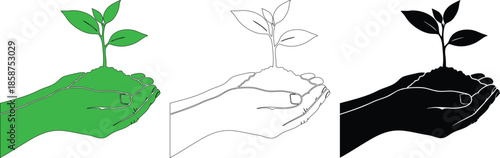 Small plant in hand set in different styles symbolizing growth nature environment protection and sustainability