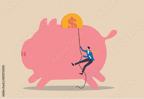 Personal finance strategy, income tax or investment target for office worker retirement concept, confidence businessman using rope to climb up pink piggy bank with golden money coin as final target.