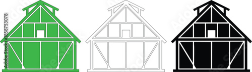 Timber framed house vector illustration set featuring green solid shape line art outline and black silhouette on transparent background
