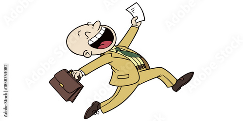 Joyful Businessman Running with Briefcase and Document