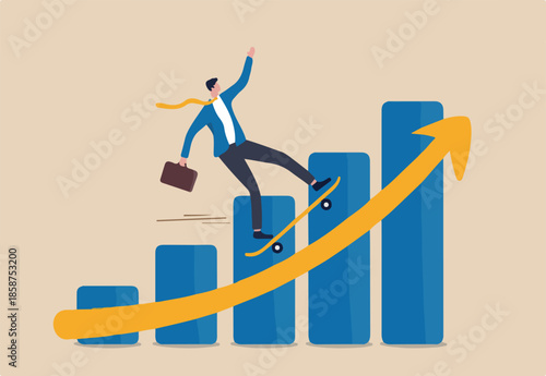 Business growth moving forward, company recover from crisis and accelerate growing up concept, smart businessman company leader riding skateboard fast on rising up profit graph diagram