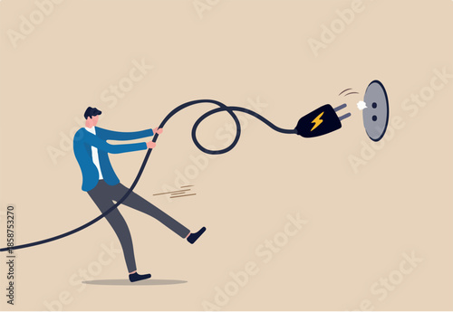 Electricity saving, ecology awareness or reduce electric cost and expense concept, man pulling electric cord to unplug to save money or for ecology power.