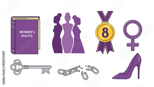 A collection of symbols representing women's rights and empowerment on a black background