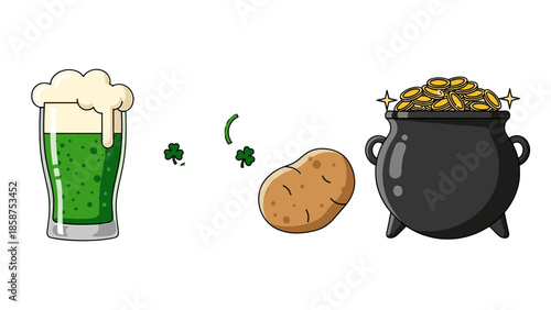 A cartoon illustration of a green beer and a pot of gold at the end of a rainbow