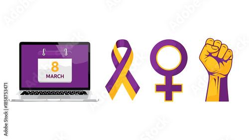 International Women's Day symbols on a black background with purple and yellow colors
