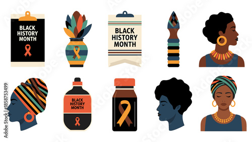 A vibrant illustration celebrating Black History Month with diverse symbols and icons