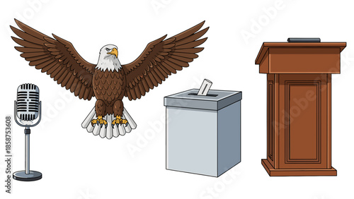 A patriotic illustration of an eagle with a microphone, ballot box, and podium.