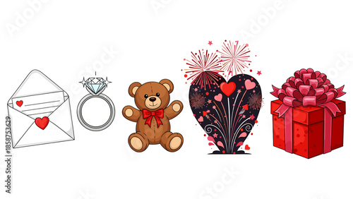A romantic Valentine's Day setup with gifts and symbols of love and affection