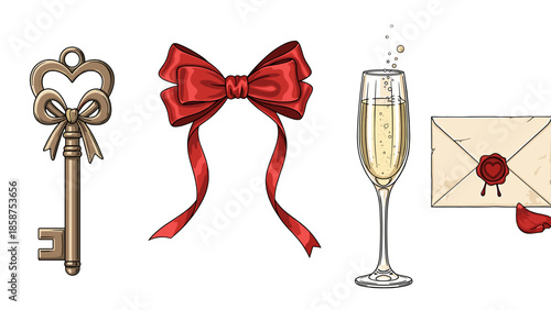 A romantic setup with a key, red bow, champagne, and love letter on a black background