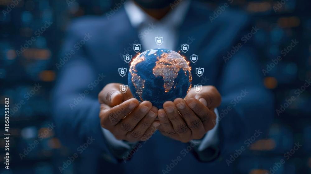 Fototapeta premium Digital globe held in businessman hands conveying global data security and protection