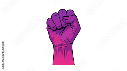 A powerful pink and purple fist raised in protest or solidarity on a black background