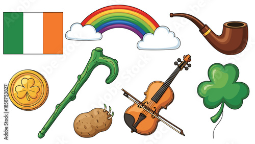 A collection of Irish symbols and objects on a black background