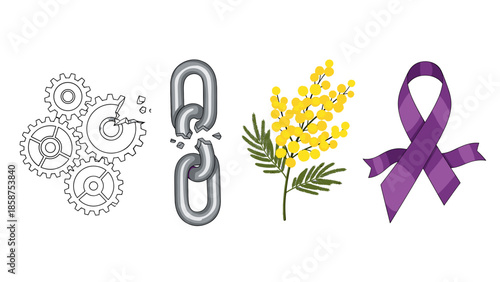 A broken chain and a purple ribbon symbolize freedom from addiction and awareness