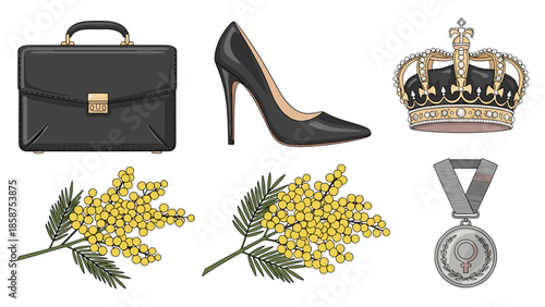 A collection of luxury items and symbols of success on a black background