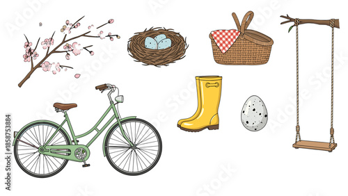 A colorful illustration of springtime objects on a black background