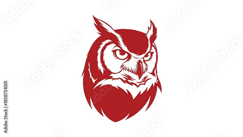 A striking, stylized red owl head illustration with sharp details and an intense gaze on a white background