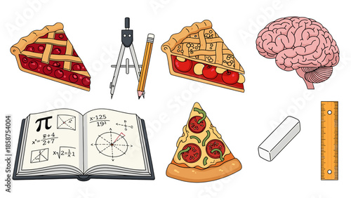 A colorful illustration of mathematical and culinary concepts on a black background