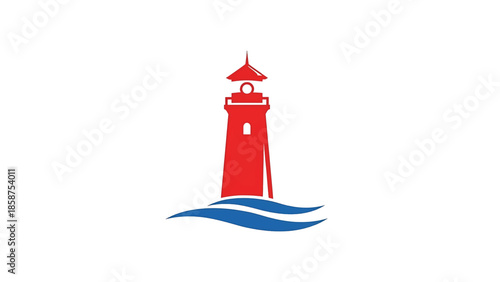 A stylized red lighthouse stands tall above abstract blue waves on a plain white background