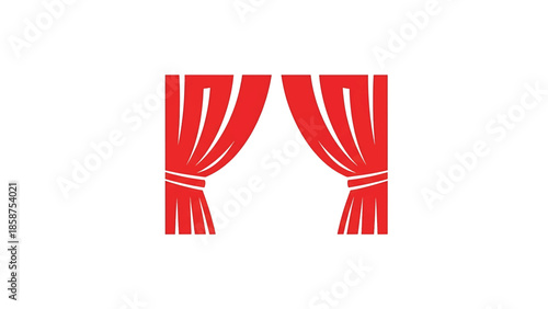 A vector graphic illustration featuring a pair of red stage curtains, tied back, on a white background