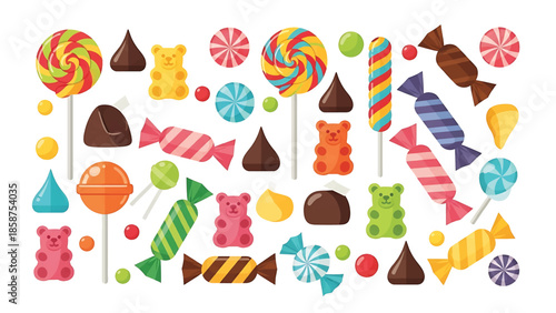 A vibrant assortment of colorful candies, lollipops, gummy bears, and chocolates on a white background