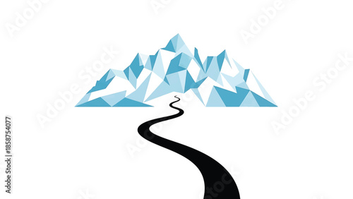 A winding black road leads towards a cluster of abstract, geometric blue and white mountains on a white background