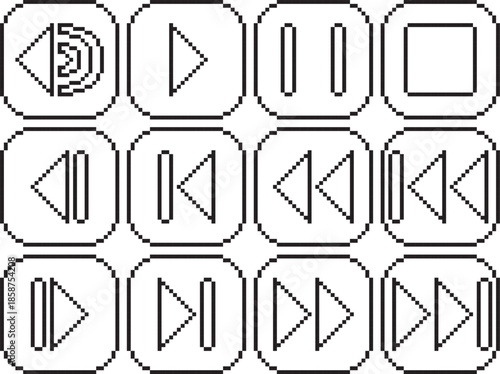 Rewind fast reverse back play stop pause volume forward fast forward next button with border icon black-white vector pixel art