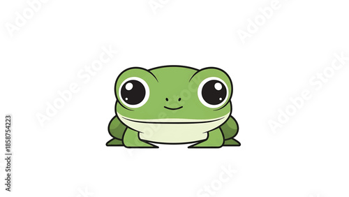 A charming, front-facing cartoon green frog with large eyes and a gentle smile on a clean white background