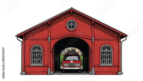 Cartoon style illustration of a rustic red barn or garage with an old red van parked inside its arched entrance