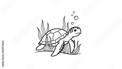 A cute cartoon sea turtle swims among underwater plants with bubbles, in a black and white illustration style